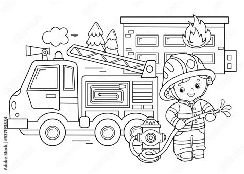 Coloring Page Outline Of Cartoon Fire Truck With Fireman Or Firefighter