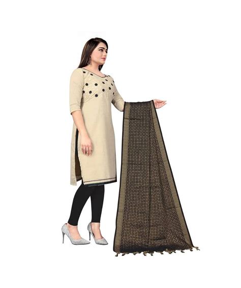 Beige Khadi Cotton Embroidered Dress Material With Duptta Pisara