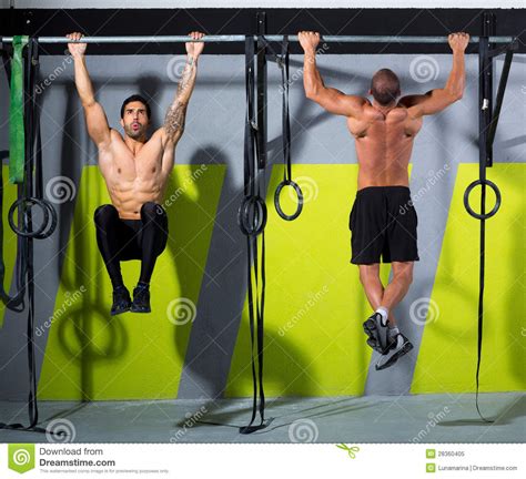 Crossfit Toes To Bar Men Pull Ups 2 Bars Workout Stock