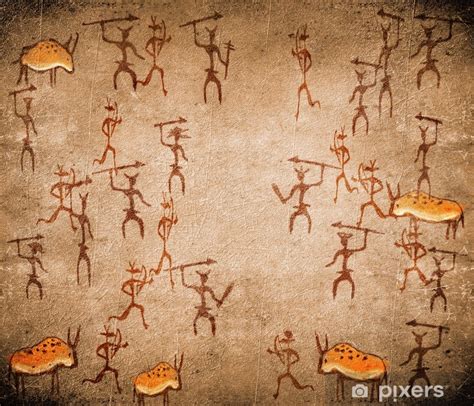 Wall Mural Prehistoric Cave Painting With War Scene Pixersus