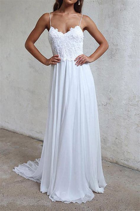 White Long Chiffon Beach Wedding Dresses A Line Straps Wedding Gowns
