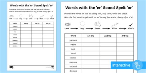 Year 2 Spelling Practice Er Sound Spelt Or Worksheet