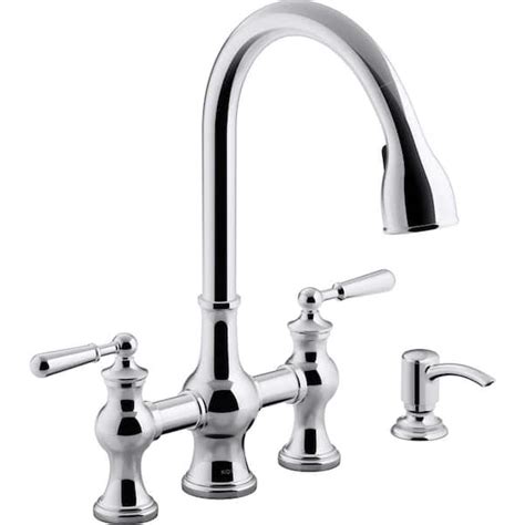 KOHLER Capilano Handle Bridge Farmhouse Pull Down Kitchen Faucet With Soap Dispenser And Sweep