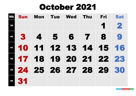 Free Printable October 2021 Calendar Template Word Pdf
