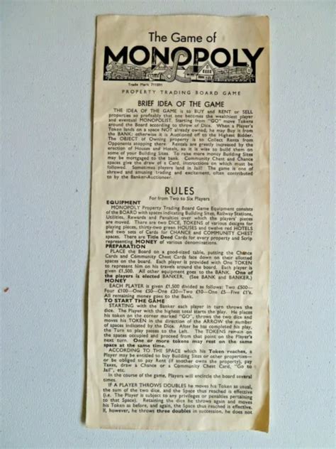 Vintage Retro Monopoly Game Rules Leaflet 1960s Collectible Prop