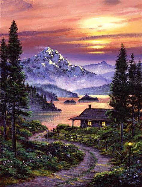 Paintings Of Mountain Cabins Cabin On The Lake Painting Cabin On