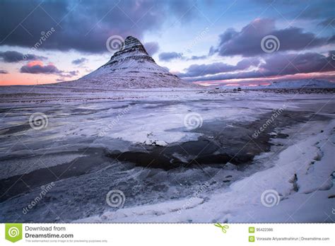 Beauty Kirkjufell Mountain With Water Falls At Winter Iceland Stock