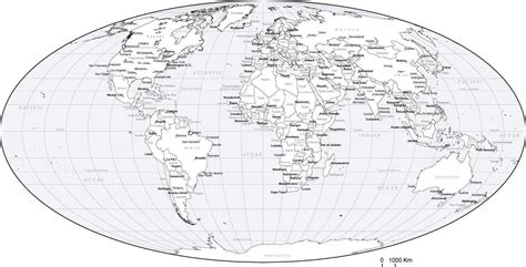 Black And White World Map With Countries Capitals And Major Cities Mw