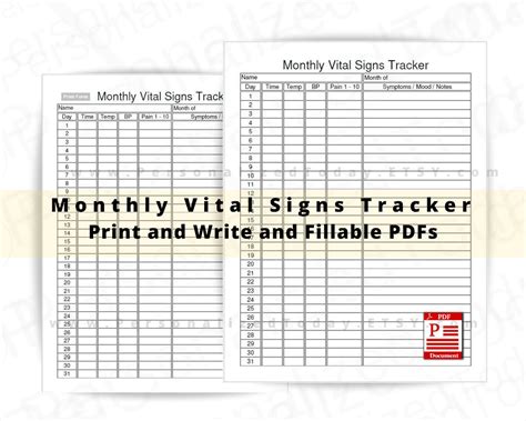 Monthly Vital Signs Log Fillable And Print And Write Pdf Etsy