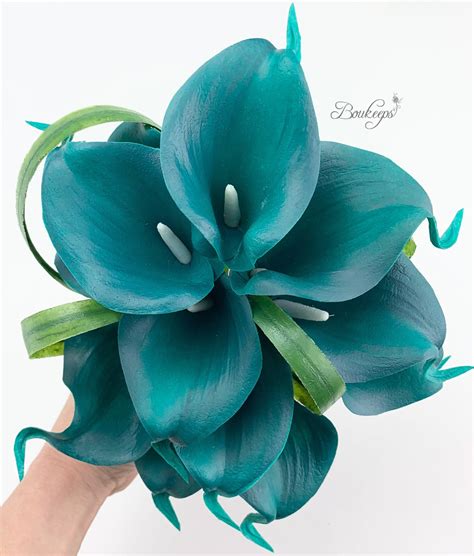 Choose Ribbon Color Real Touch Teal Calla Lily Bouquet Etsy