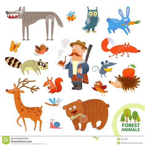 Set Funny Forest Little Animals Cartoon Character Stock Vector