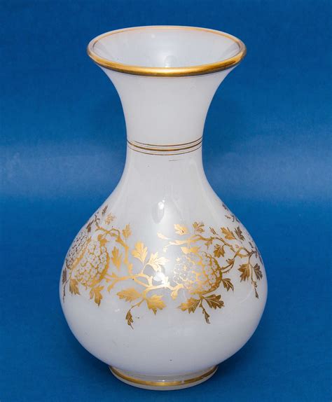 Vintage Large White Milk Glass Vase With Gold Floral Pattern Gilt Edge