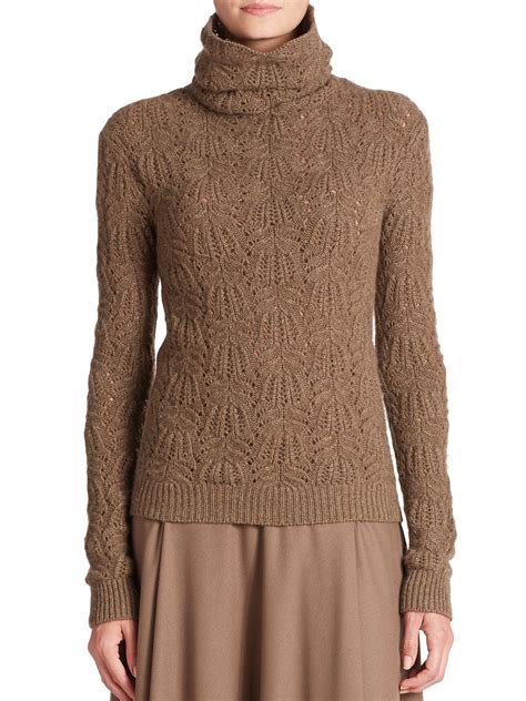 Ralph Lauren Cashmere Crochet Turtleneck Sweater in Heather Brown ...