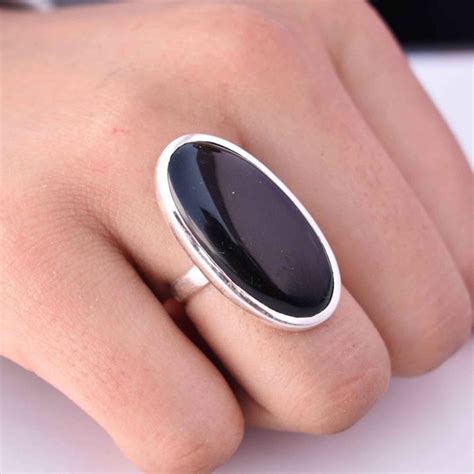 Large Long Oval Black Onyx Ring Statement Ring Full Finger Etsy
