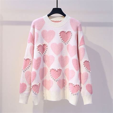 Lover Knitted Sweater With Printed Love Hearts And Pearls 2 Colours