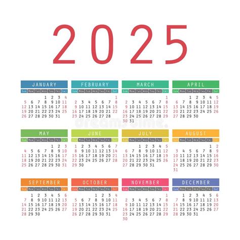 Calendar 2025 Year English Colorful Vector Square Pocket Or Wall
