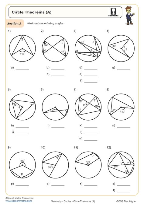 Circle Theorems A Worksheet Cazoom Maths Worksheets