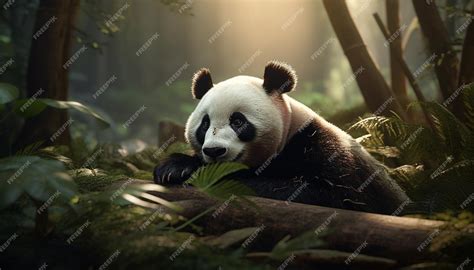 Premium Ai Image Cute Giant Panda Sitting On Bamboo Looking At Camera