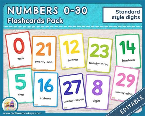 Numbers 0 To 30 Printable Flashcards Tea Time Monkeys