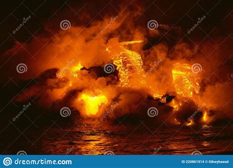 Lava Flowing From The Kilauea Volcano Into The Ocean In Big Island Of