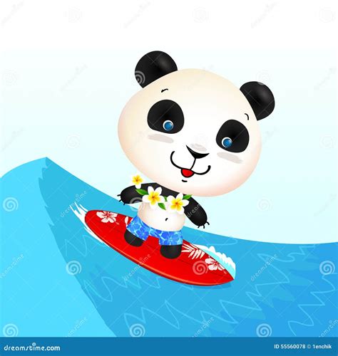 Little Cute Surfing Panda On Blue Wave Stock Vector Image 55560078