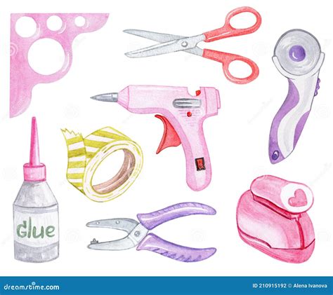 Watercolor Pink Craft Tools Set Isolated On White Background Scrapbook Supplies Illustrations
