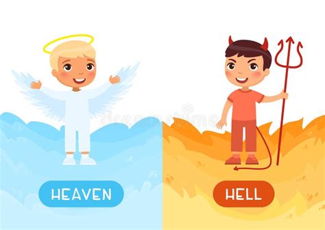 Heaven And Hell Antonyms Word Card Vector Template Opposites Concept
