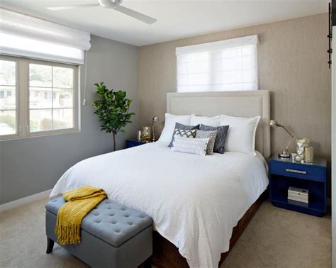 Neutral Transitional Bedroom With Bold Blue Nightstand Hgtv