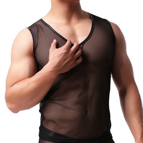 Aiiou Men S Mesh Undershirts Male Sleeveless See Through Gay Clothing Men Slim Ultra Thin Vest