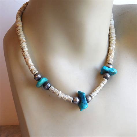 Vintage Polished Turquoise Nugget Puka Shell And Sterling Silver Beaded Necklace 3 Large Blue