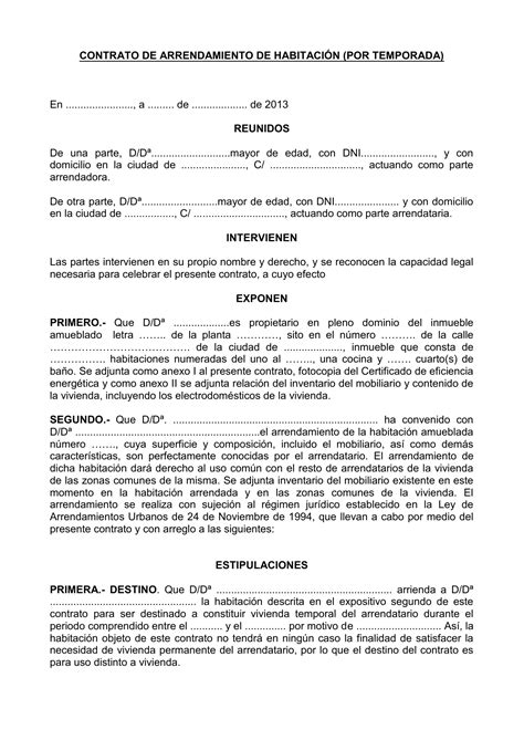 Modelo De Contrato De Arrendamiento De Habitación Por Temporada Free