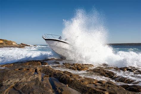 Pleasure Craft Boat Crashes On Rocks Stock Photo Image Of Ocean Boat