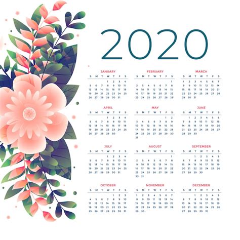 Free Vector 2020 Flower Calendar Template