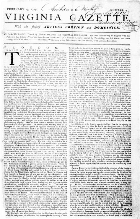 Virginia Gazette Dixon And Nicolson Feb 19 1779 Pg 1 The Colonial Williamsburg Official