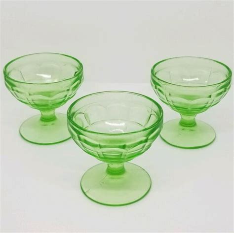 Vintage Green Depression Glass Set Of 3 Dessert Cups On Pedestals 3