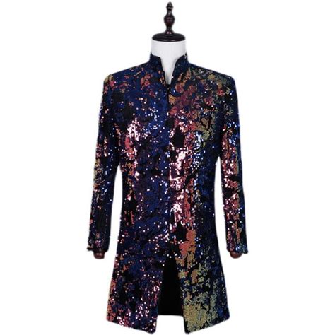 Men Glitter Sequin Longline Suit Jacket Cabaret Carnival Blazer Fancy