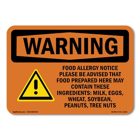 Osha Warning Sign Food Allergy Notice Please Be With Symbol Plastic