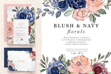 Blush And Navy Blue Watercolor Flowers Clipart Wedding Invitation