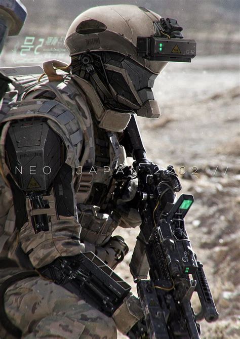 The Soldier Of The Future In A Dark Mask And Brown Camouflage Robots