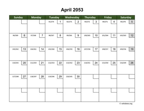 April 2053 Calendar With Day Numbers