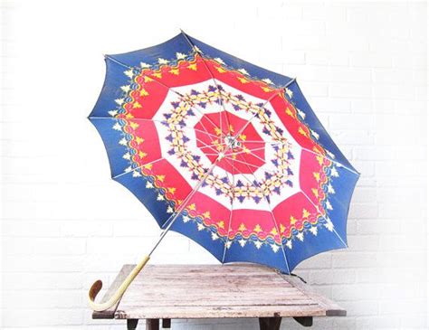 Vintage Bright Floral Umbrella 1960s Red And Blue Sun Etsy Floral