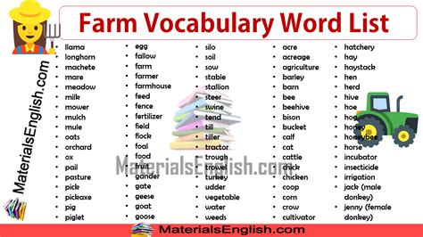 A vocabulary usually grows and evolves with age, and serves as a useful and fundamental tool for communication and acquiring knowledge. Farm Vocabulary Word List - Materials For Learning English