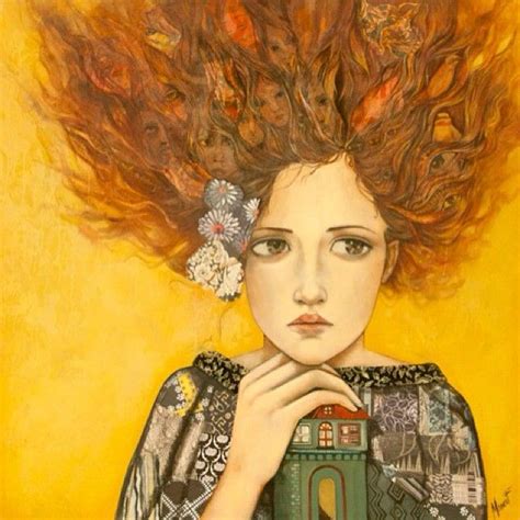 A Painting Of A Woman With Red Hair Holding A Camera In Front Of Her Face