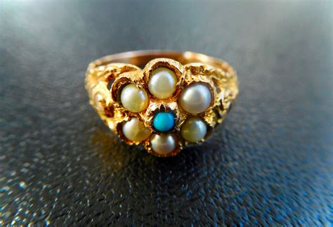 Yellow Gold Turquoise Seed Pearl Ring Antique Turquoise Engagament
