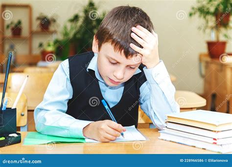 Serious Schoolboy In The Classroom Primary School Student Stock Photo