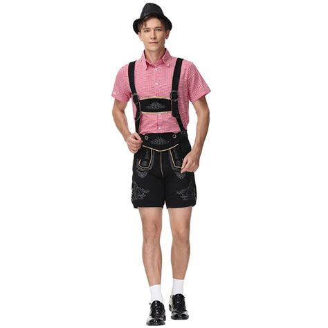 3pcs Mens Deluxe Suspenders And Gingham Shirt Bavarian Oktoberfest Lederhosen Costume N21516