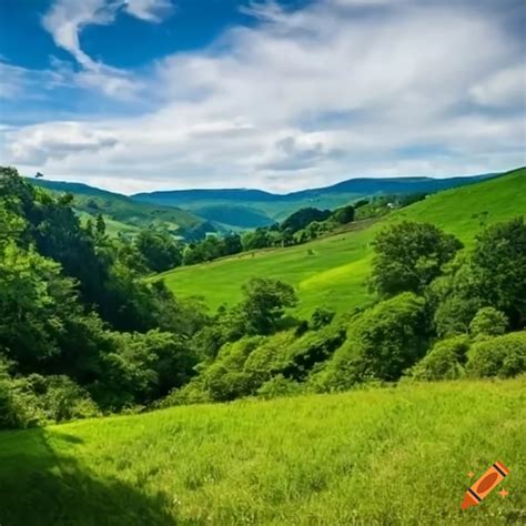 Picturesque Hillside Surrounded By Lush Greenery And Rolling Hills On