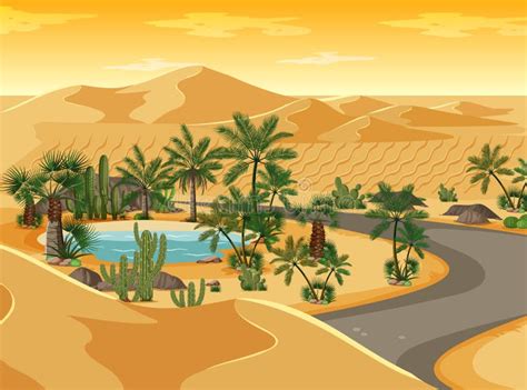 Desert Oasis With Long Road Landscape Scene Stock Illustration