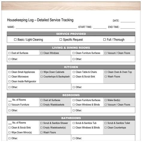 Housekeeping Log Detailed Cleaning Service Tracking Printable