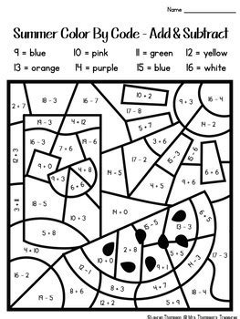 Summer Coloring Pages Color By Code First Grade by Mrs Thompson's Treasures